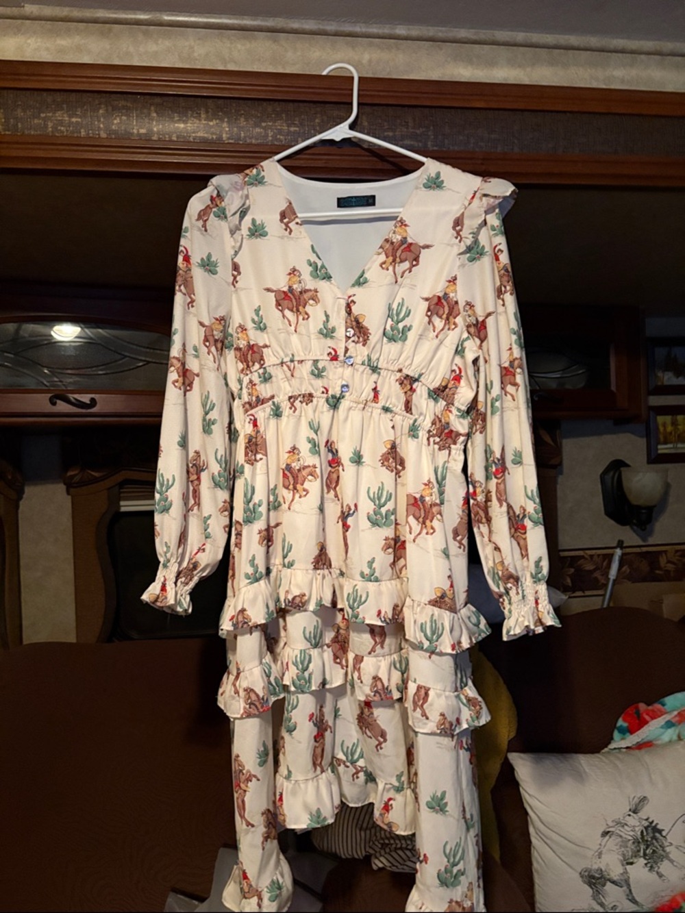 Cream Western-Print Long Sleeve Ruffle Dress